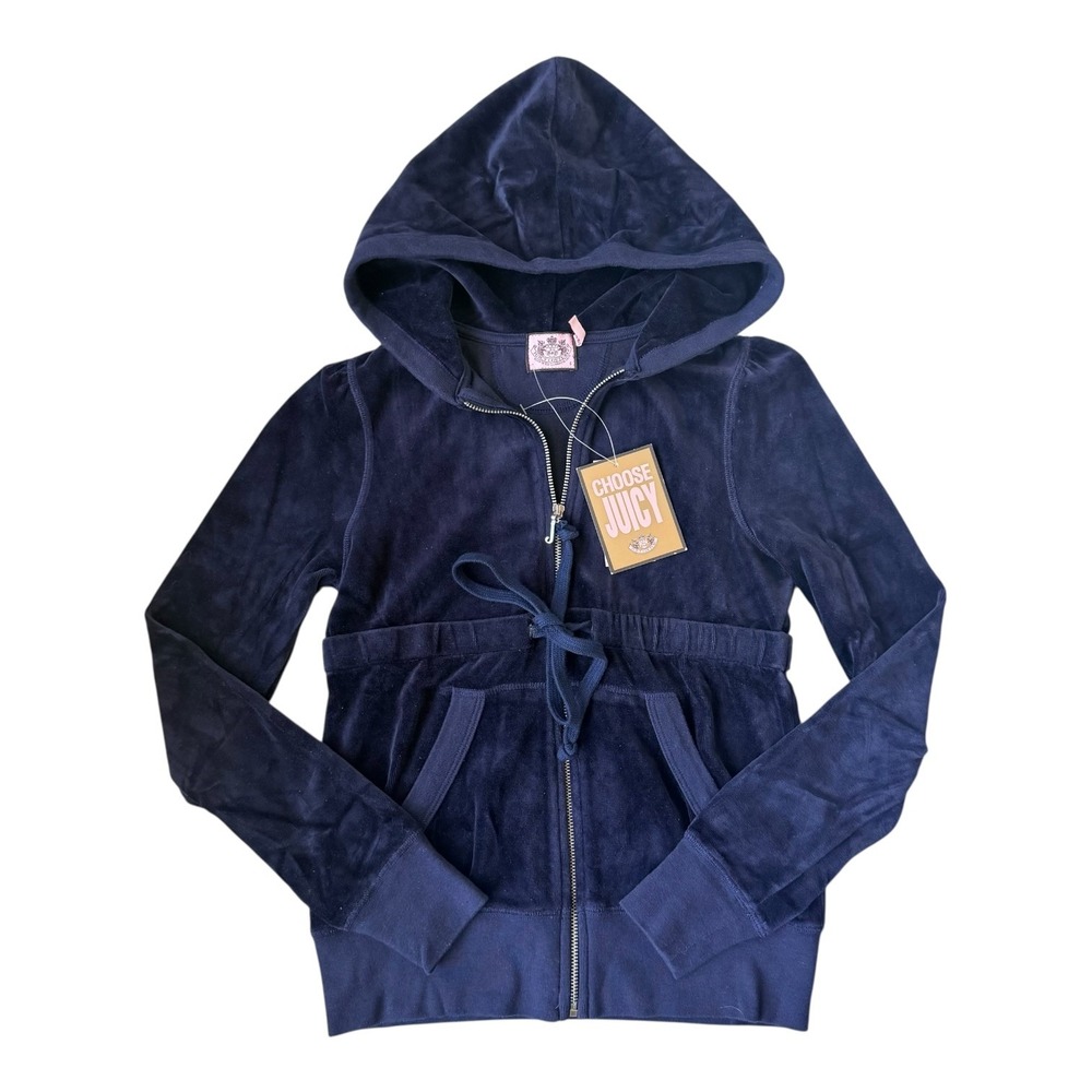 Juicy Couture Y2K Rare Women's Velour Tie Waist Full Zip Hoodie Navy Small NWT